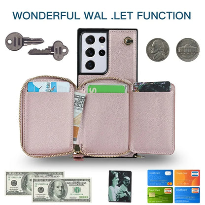 For Samsung Galaxy S21 Ultra 5G Cell Phone Case TPU+PU Wallet Cover with Long Strap