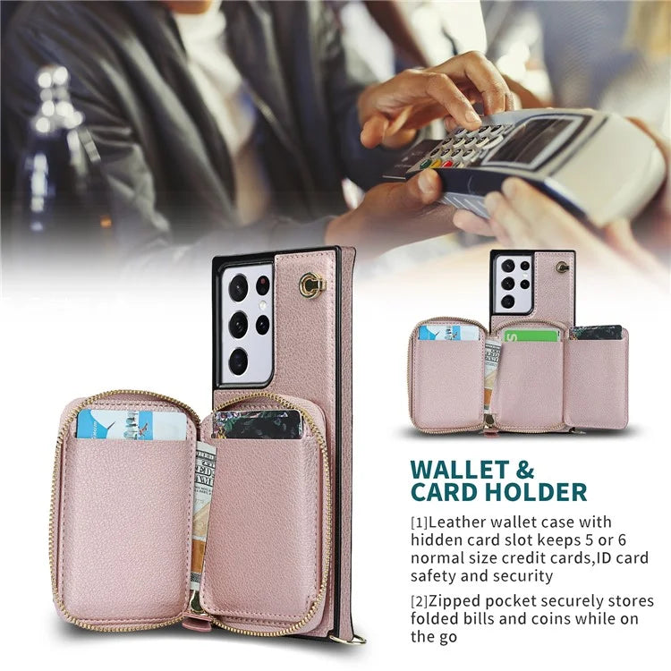 For Samsung Galaxy S21 Ultra 5G Cell Phone Case TPU+PU Wallet Cover with Long Strap