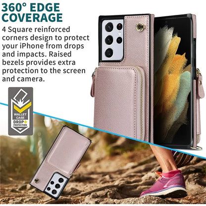 For Samsung Galaxy S21 Ultra 5G Cell Phone Case TPU+PU Wallet Cover with Long Strap