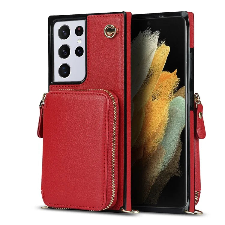 For Samsung Galaxy S21 Ultra 5G Cell Phone Case TPU+PU Wallet Cover with Long Strap
