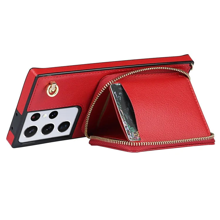 For Samsung Galaxy S21 Ultra 5G Cell Phone Case TPU+PU Wallet Cover with Long Strap
