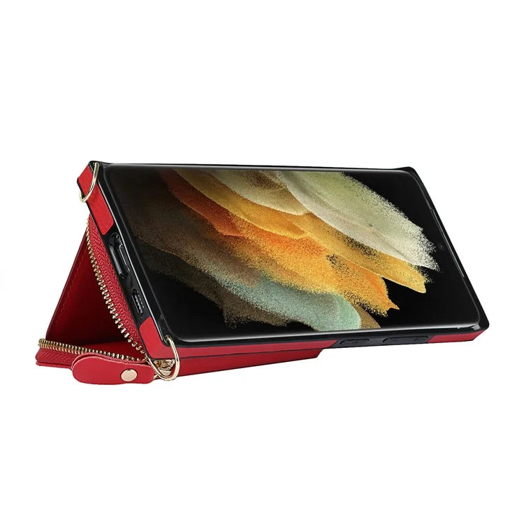 For Samsung Galaxy S21 Ultra 5G Cell Phone Case TPU+PU Wallet Cover with Long Strap