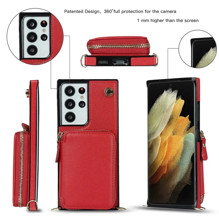 For Samsung Galaxy S21 Ultra 5G Cell Phone Case TPU+PU Wallet Cover with Long Strap