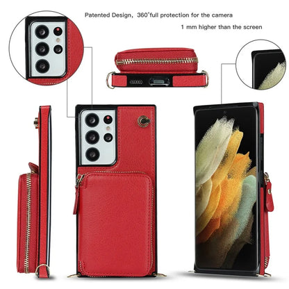 For Samsung Galaxy S21 Ultra 5G Cell Phone Case TPU+PU Wallet Cover with Long Strap