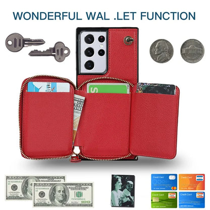 For Samsung Galaxy S21 Ultra 5G Cell Phone Case TPU+PU Wallet Cover with Long Strap