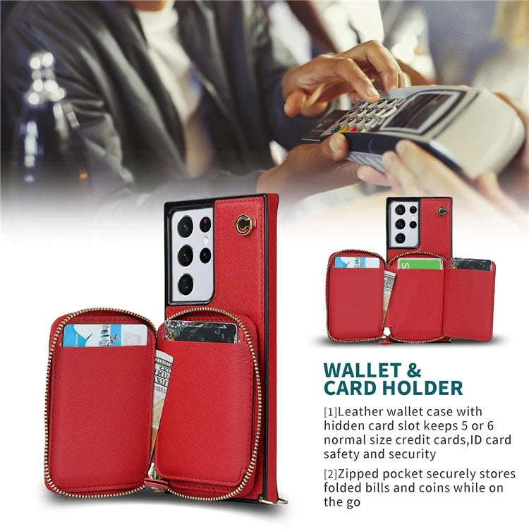 For Samsung Galaxy S21 Ultra 5G Cell Phone Case TPU+PU Wallet Cover with Long Strap