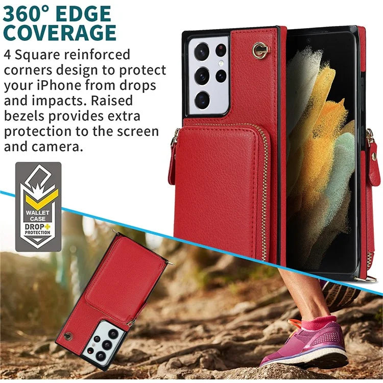For Samsung Galaxy S21 Ultra 5G Cell Phone Case TPU+PU Wallet Cover with Long Strap