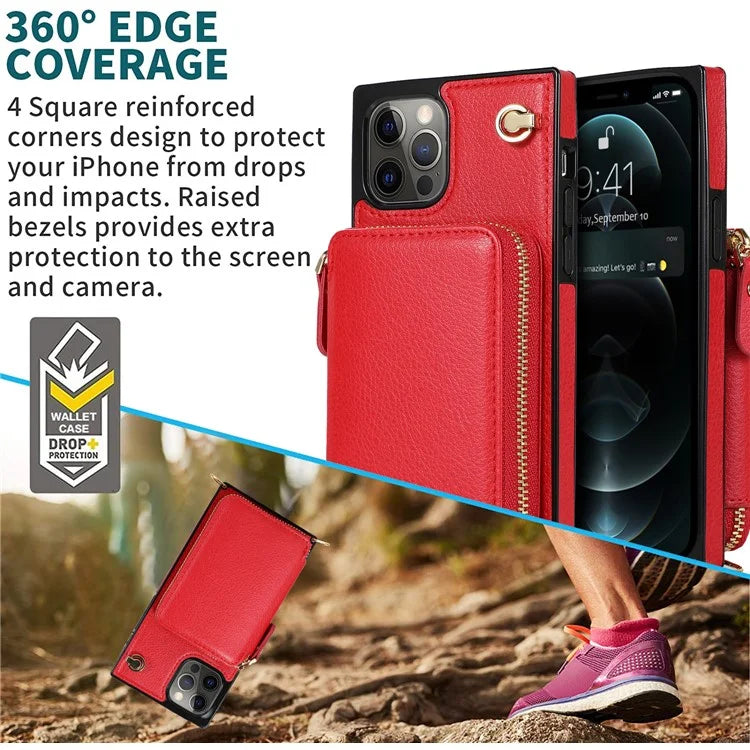 For iPhone 14 Pro Max Cell Phone Case TPU+PU Shockproof Cover with Long Strap