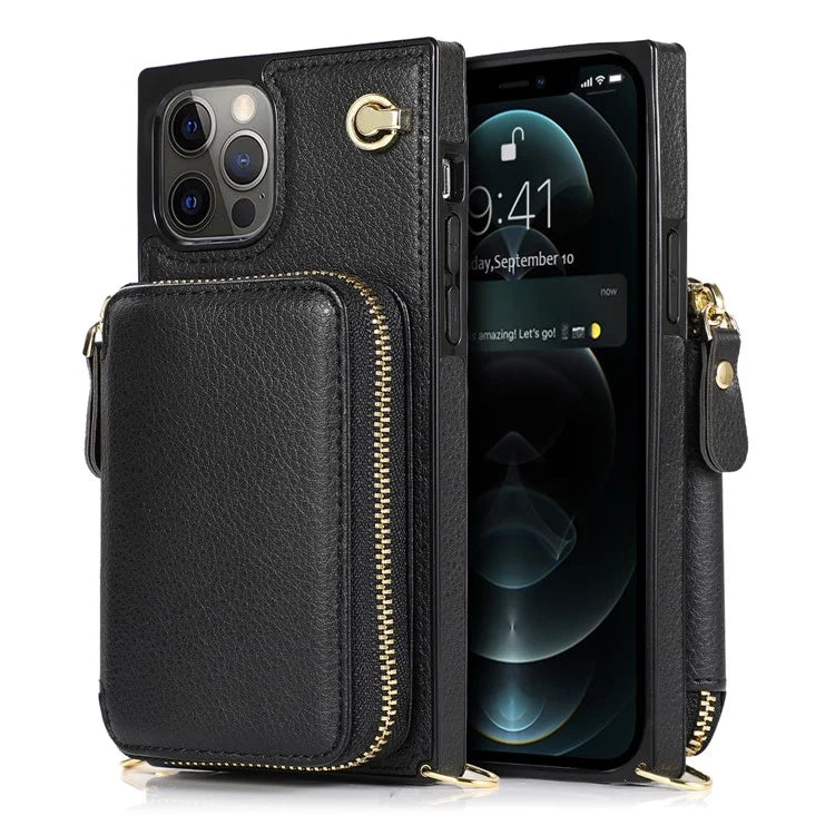 For iPhone 14 Pro Max Cell Phone Case TPU+PU Shockproof Cover with Long Strap