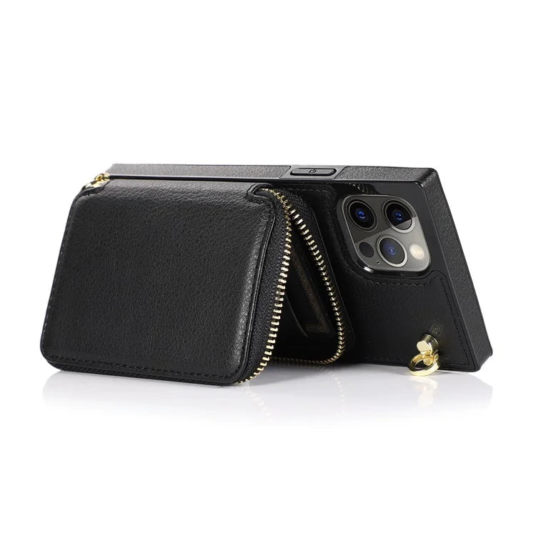For iPhone 14 Pro Max Cell Phone Case TPU+PU Shockproof Cover with Long Strap