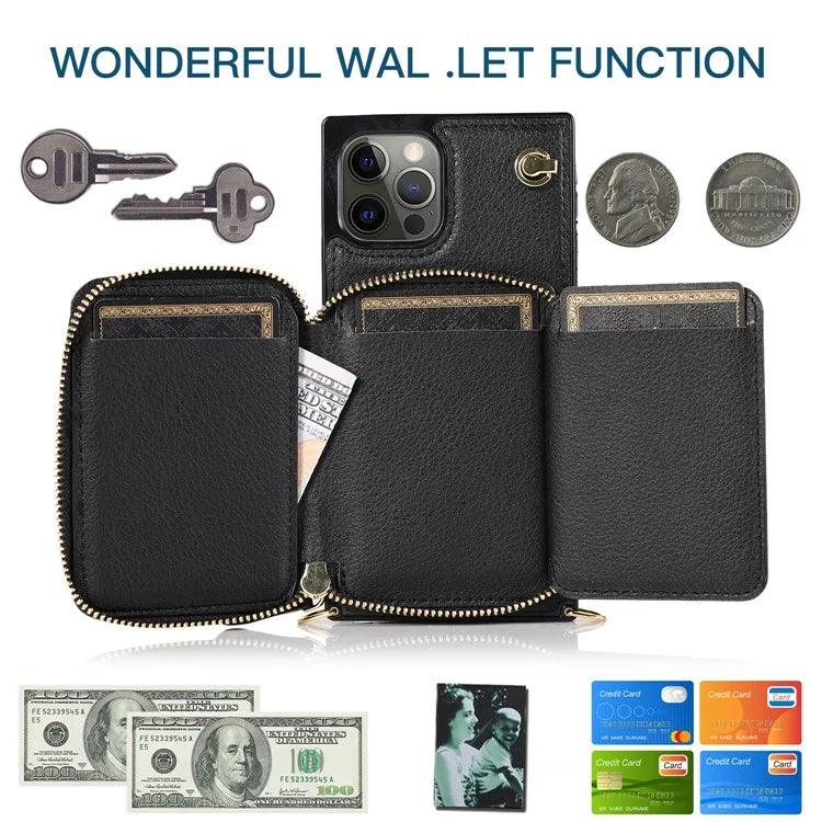 For iPhone 14 Pro Max Cell Phone Case TPU+PU Shockproof Cover with Long Strap