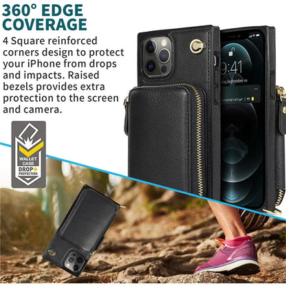 For iPhone 14 Pro Max Cell Phone Case TPU+PU Shockproof Cover with Long Strap