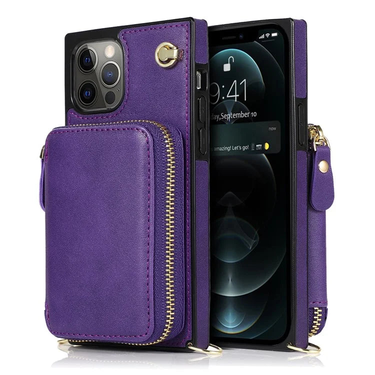 For iPhone 14 Pro Max Cell Phone Case TPU+PU Shockproof Cover with Long Strap
