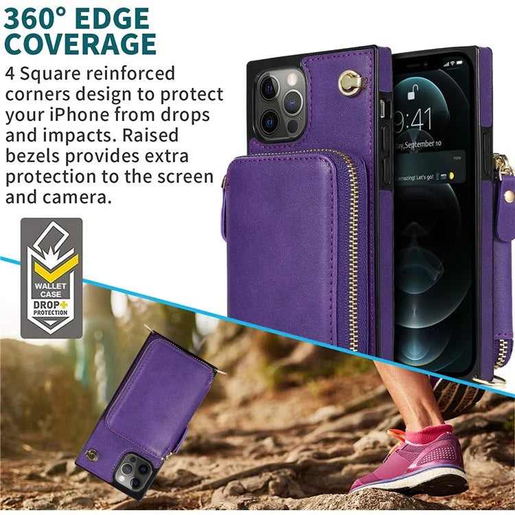 For iPhone 14 Pro Max Cell Phone Case TPU+PU Shockproof Cover with Long Strap