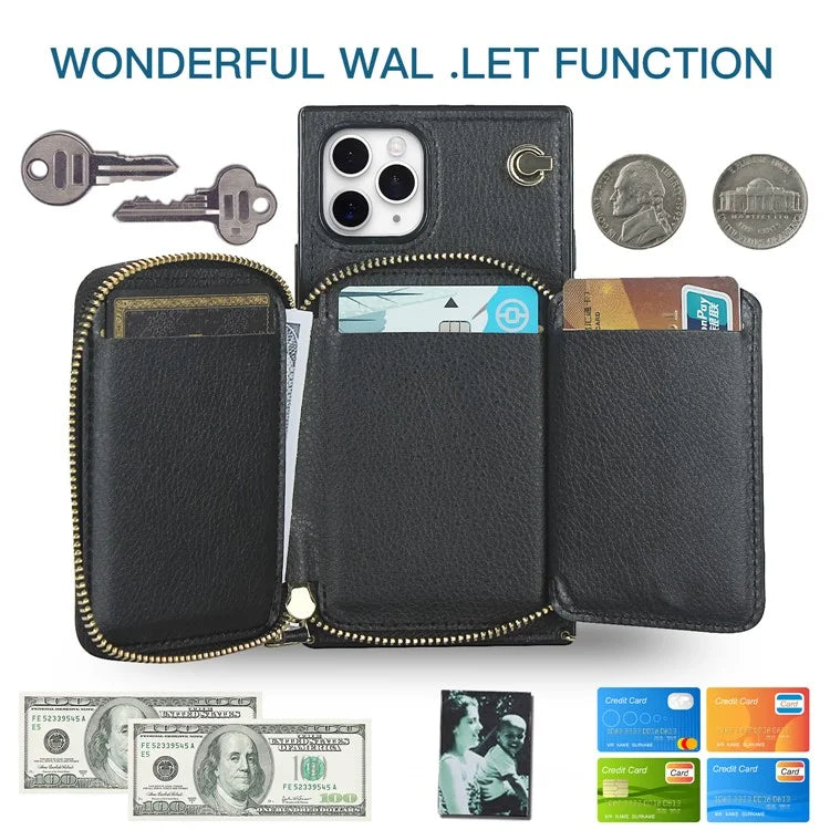 For iPhone 11 Pro Cell Phone Case TPU+PU Fall Protection Cover with Long Strap