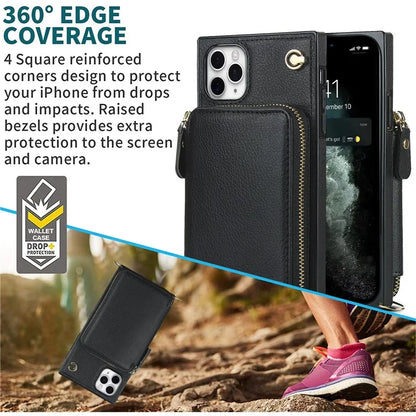 For iPhone 11 Pro Cell Phone Case TPU+PU Fall Protection Cover with Long Strap