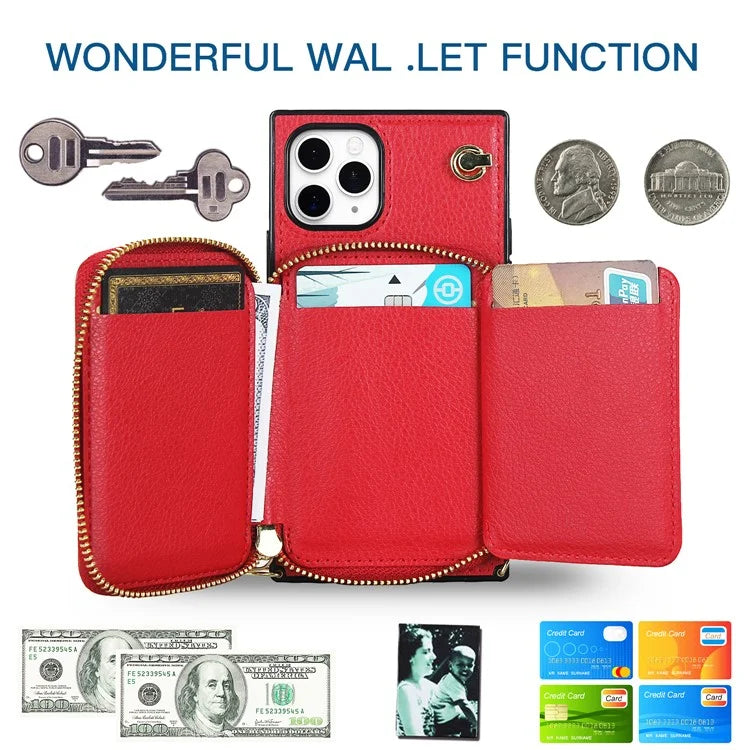 For iPhone 11 Pro Cell Phone Case TPU+PU Fall Protection Cover with Long Strap