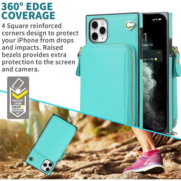 For iPhone 11 Pro Cell Phone Case TPU+PU Fall Protection Cover with Long Strap