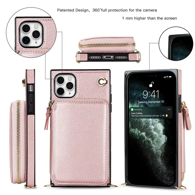 For iPhone 11 Pro Cell Phone Case TPU+PU Fall Protection Cover with Long Strap