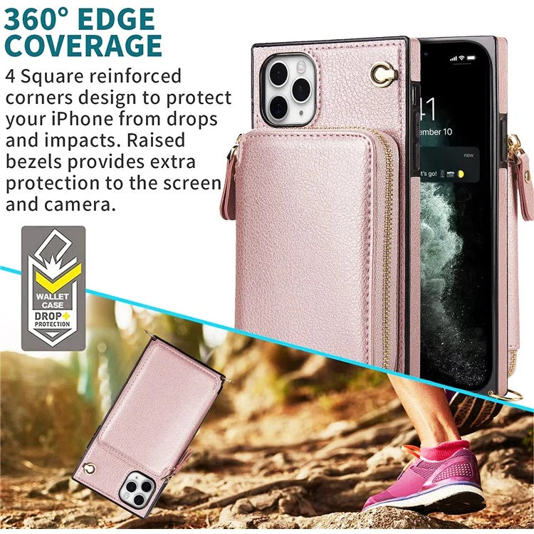 For iPhone 11 Pro Cell Phone Case TPU+PU Fall Protection Cover with Long Strap
