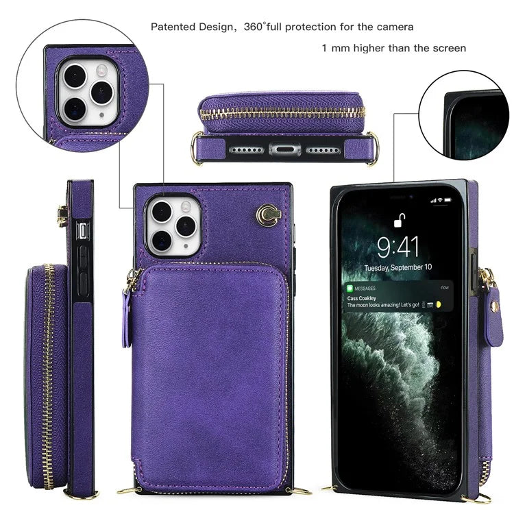 For iPhone 11 Pro Cell Phone Case TPU+PU Fall Protection Cover with Long Strap