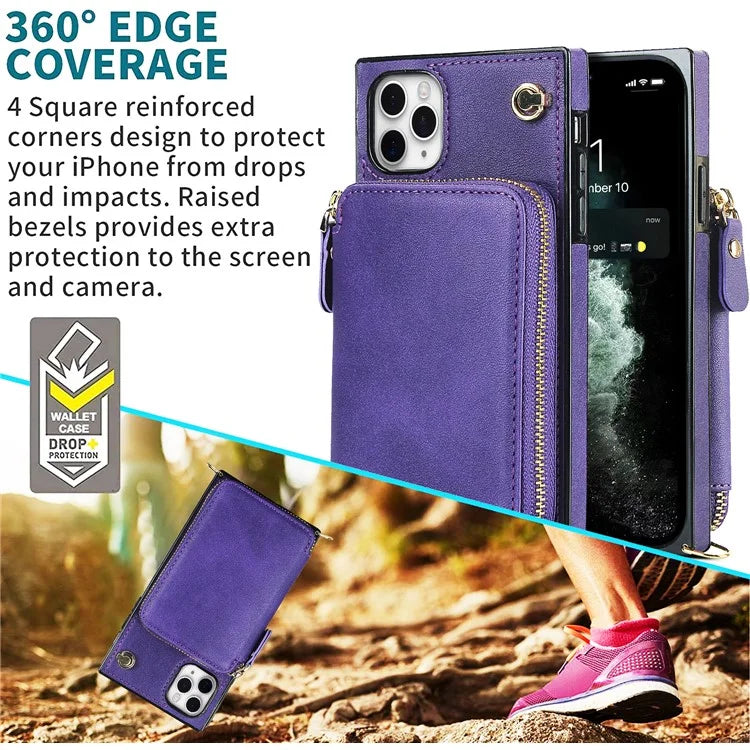 For iPhone 11 Pro Cell Phone Case TPU+PU Fall Protection Cover with Long Strap