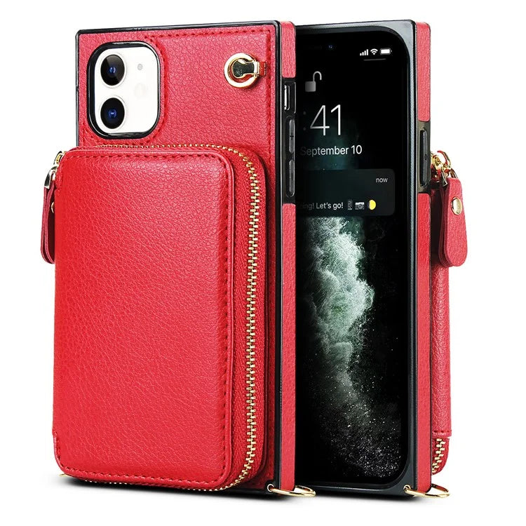 For iPhone 11 Cell Phone Case Bump Proof TPU+PU Cover with Long Strap