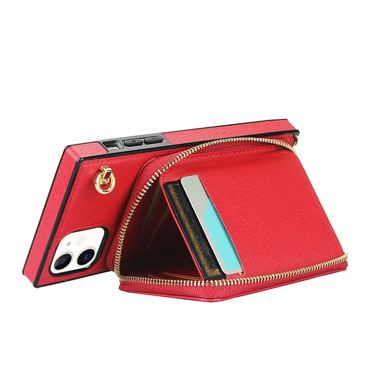 For iPhone 11 Cell Phone Case Bump Proof TPU+PU Cover with Long Strap
