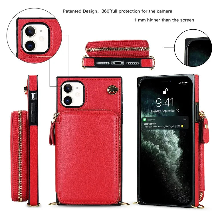 For iPhone 11 Cell Phone Case Bump Proof TPU+PU Cover with Long Strap