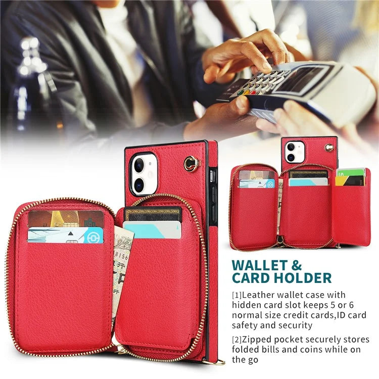 For iPhone 11 Cell Phone Case Bump Proof TPU+PU Cover with Long Strap