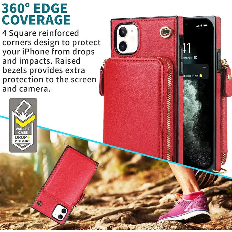 For iPhone 11 Cell Phone Case Bump Proof TPU+PU Cover with Long Strap