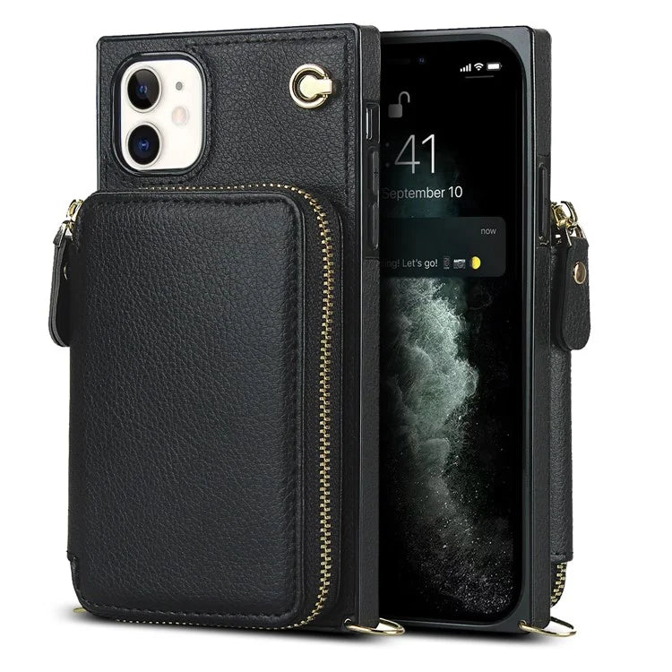 For iPhone 11 Cell Phone Case Bump Proof TPU+PU Cover with Long Strap