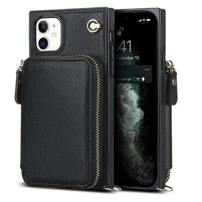 For iPhone 11 Cell Phone Case Bump Proof TPU+PU Cover with Long Strap
