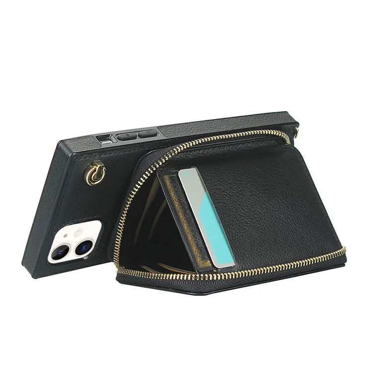 For iPhone 11 Cell Phone Case Bump Proof TPU+PU Cover with Long Strap