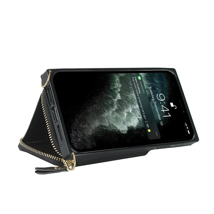 For iPhone 11 Cell Phone Case Bump Proof TPU+PU Cover with Long Strap