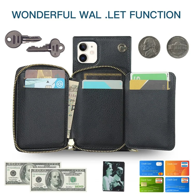 For iPhone 11 Cell Phone Case Bump Proof TPU+PU Cover with Long Strap