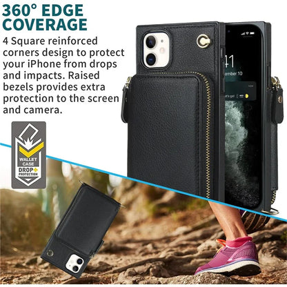 For iPhone 11 Cell Phone Case Bump Proof TPU+PU Cover with Long Strap