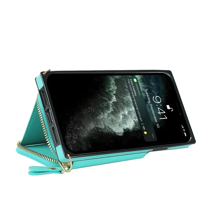 For iPhone 11 Cell Phone Case Bump Proof TPU+PU Cover with Long Strap