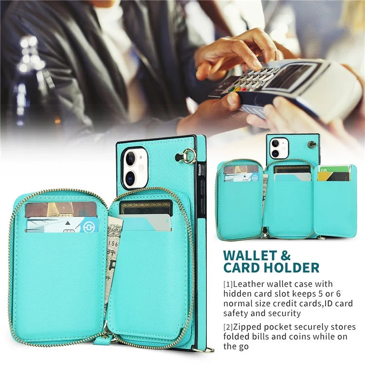 For iPhone 11 Cell Phone Case Bump Proof TPU+PU Cover with Long Strap