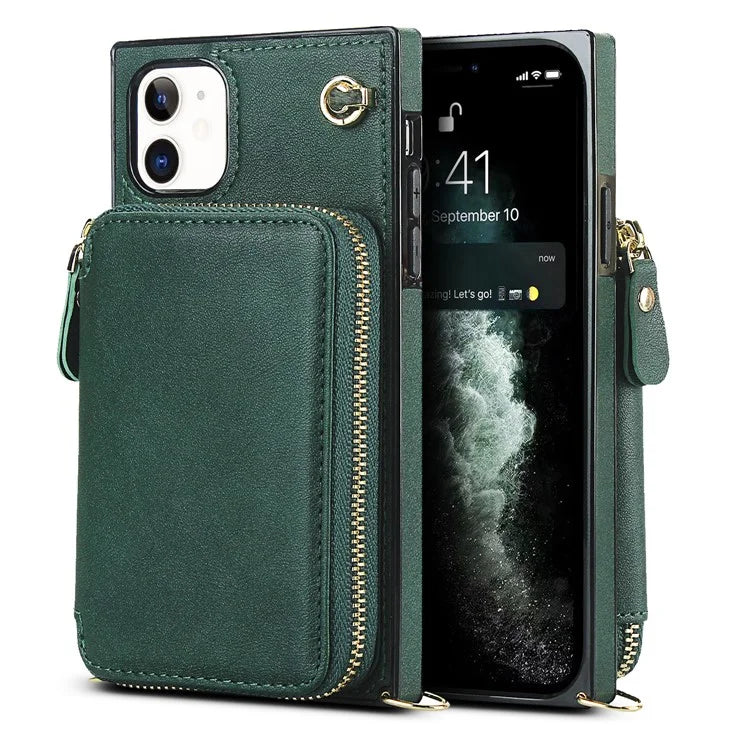 For iPhone 11 Cell Phone Case Bump Proof TPU+PU Cover with Long Strap