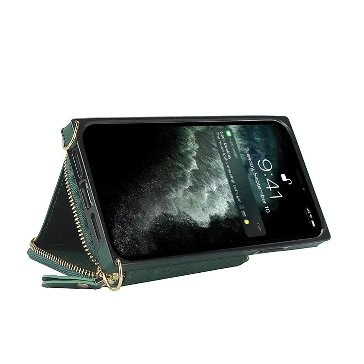 For iPhone 11 Cell Phone Case Bump Proof TPU+PU Cover with Long Strap