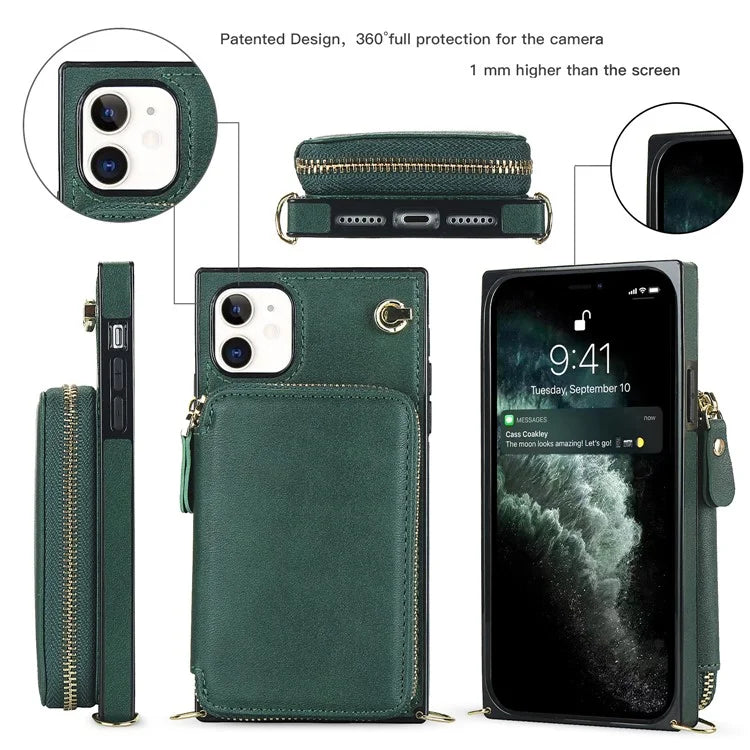 For iPhone 11 Cell Phone Case Bump Proof TPU+PU Cover with Long Strap