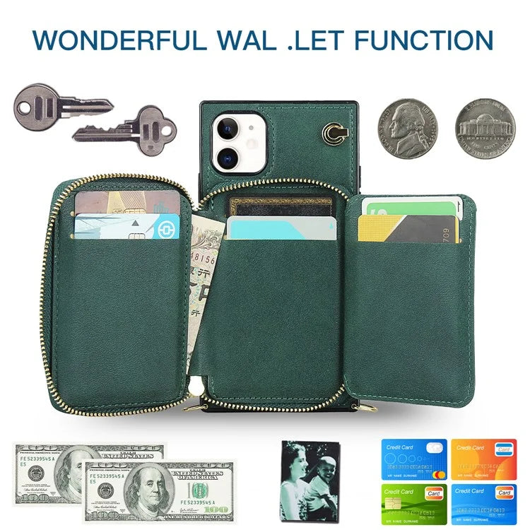 For iPhone 11 Cell Phone Case Bump Proof TPU+PU Cover with Long Strap