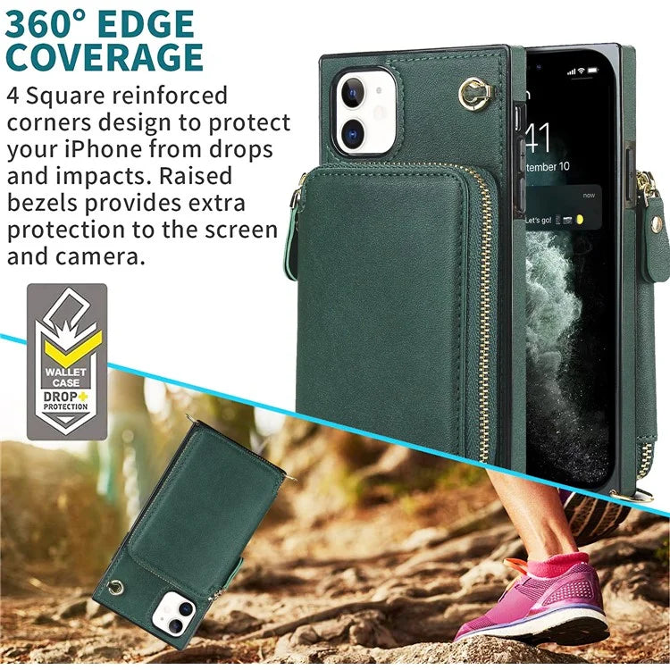 For iPhone 11 Cell Phone Case Bump Proof TPU+PU Cover with Long Strap