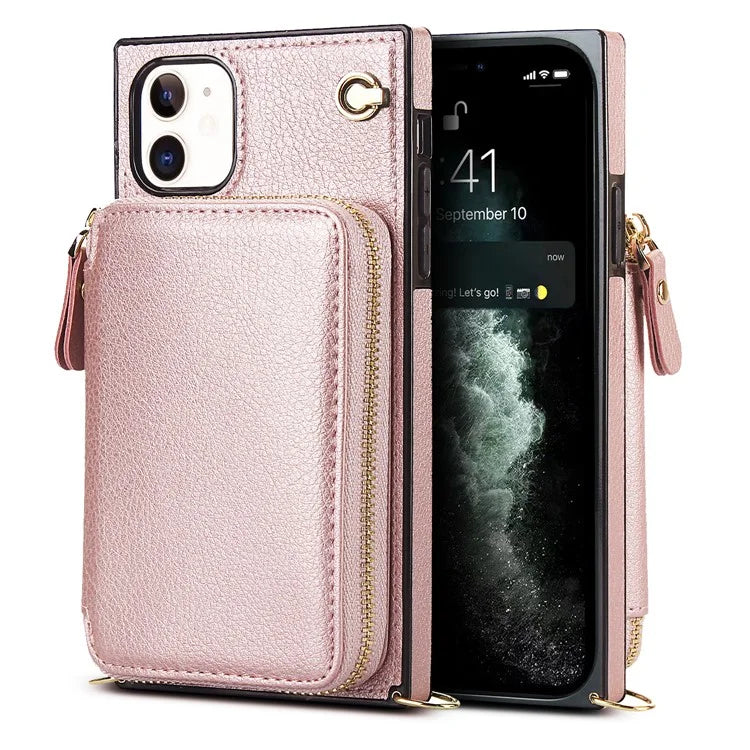 For iPhone 11 Cell Phone Case Bump Proof TPU+PU Cover with Long Strap