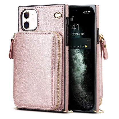 For iPhone 11 Cell Phone Case Bump Proof TPU+PU Cover with Long Strap