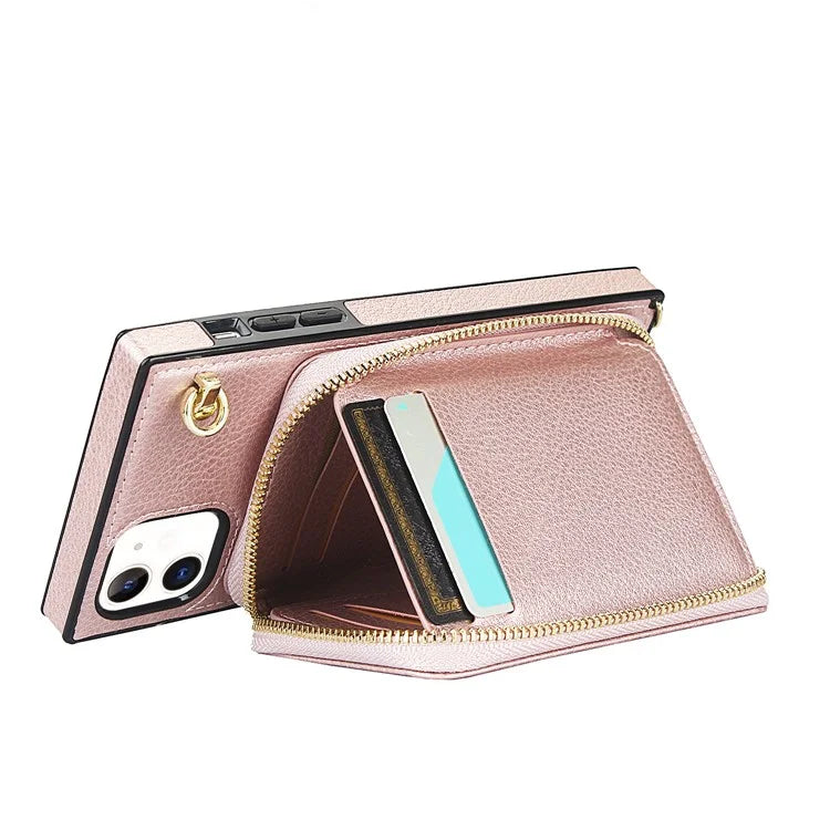 For iPhone 11 Cell Phone Case Bump Proof TPU+PU Cover with Long Strap