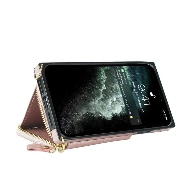 For iPhone 11 Cell Phone Case Bump Proof TPU+PU Cover with Long Strap