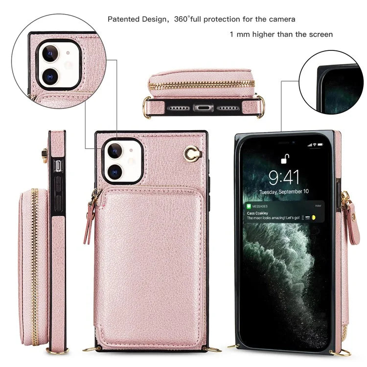 For iPhone 11 Cell Phone Case Bump Proof TPU+PU Cover with Long Strap