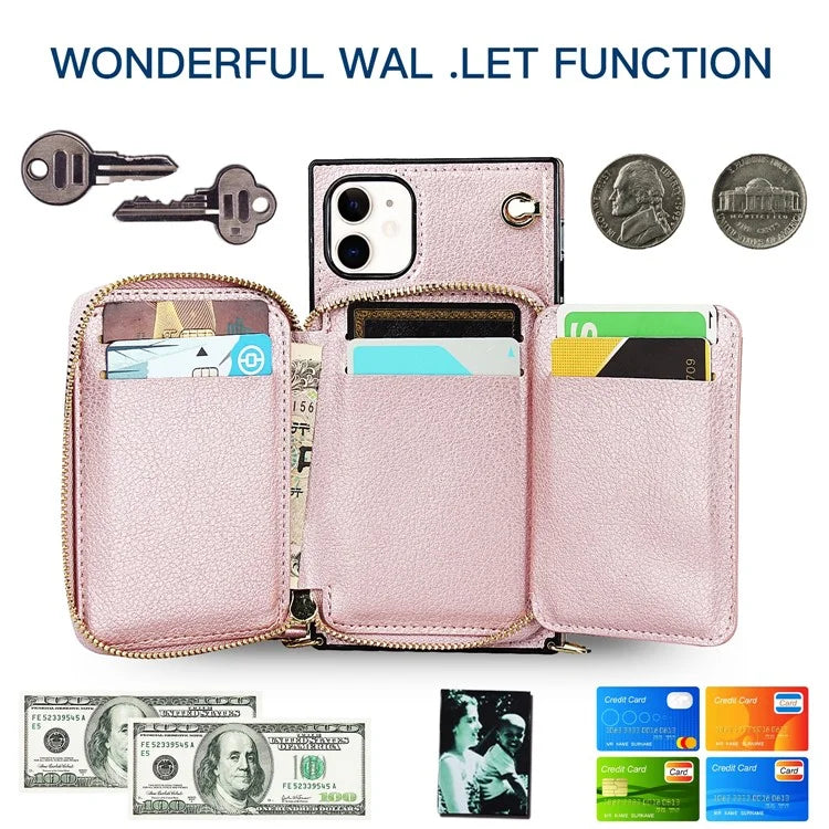 For iPhone 11 Cell Phone Case Bump Proof TPU+PU Cover with Long Strap